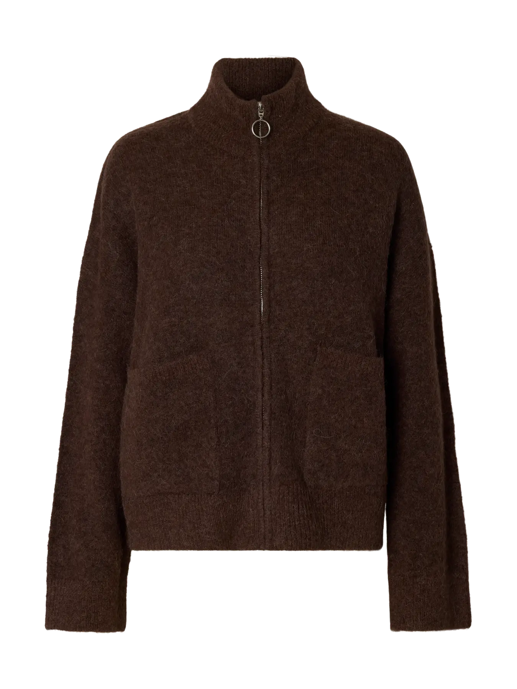 SELECTED KNIT ZIPPER CARDIGAN - Chocolate