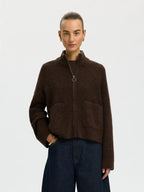 SELECTED KNIT ZIPPER CARDIGAN - Chocolate