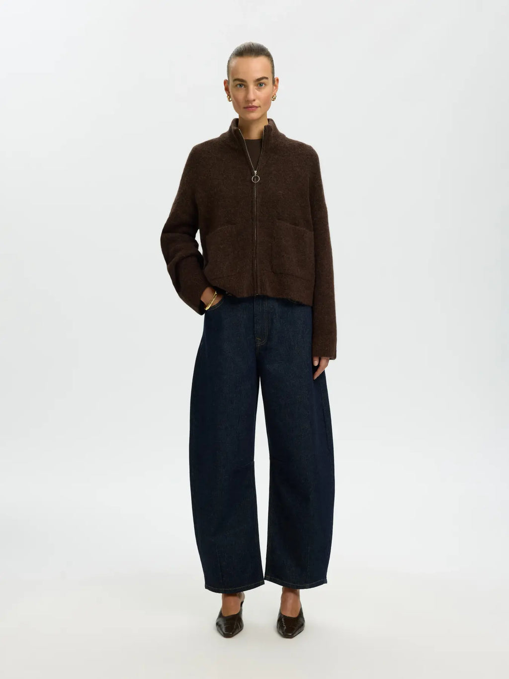 SELECTED KNIT ZIPPER CARDIGAN - Chocolate