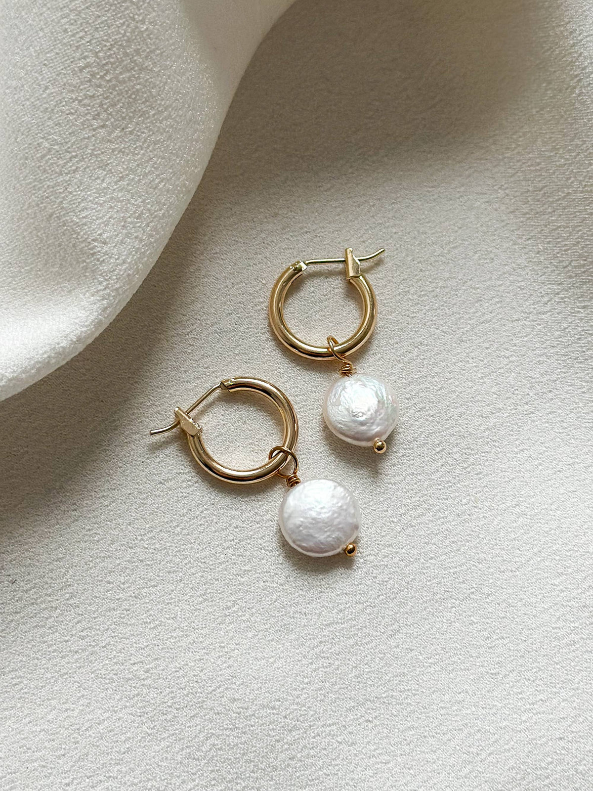 18k Gold Coin Pearl Hoop Earrings