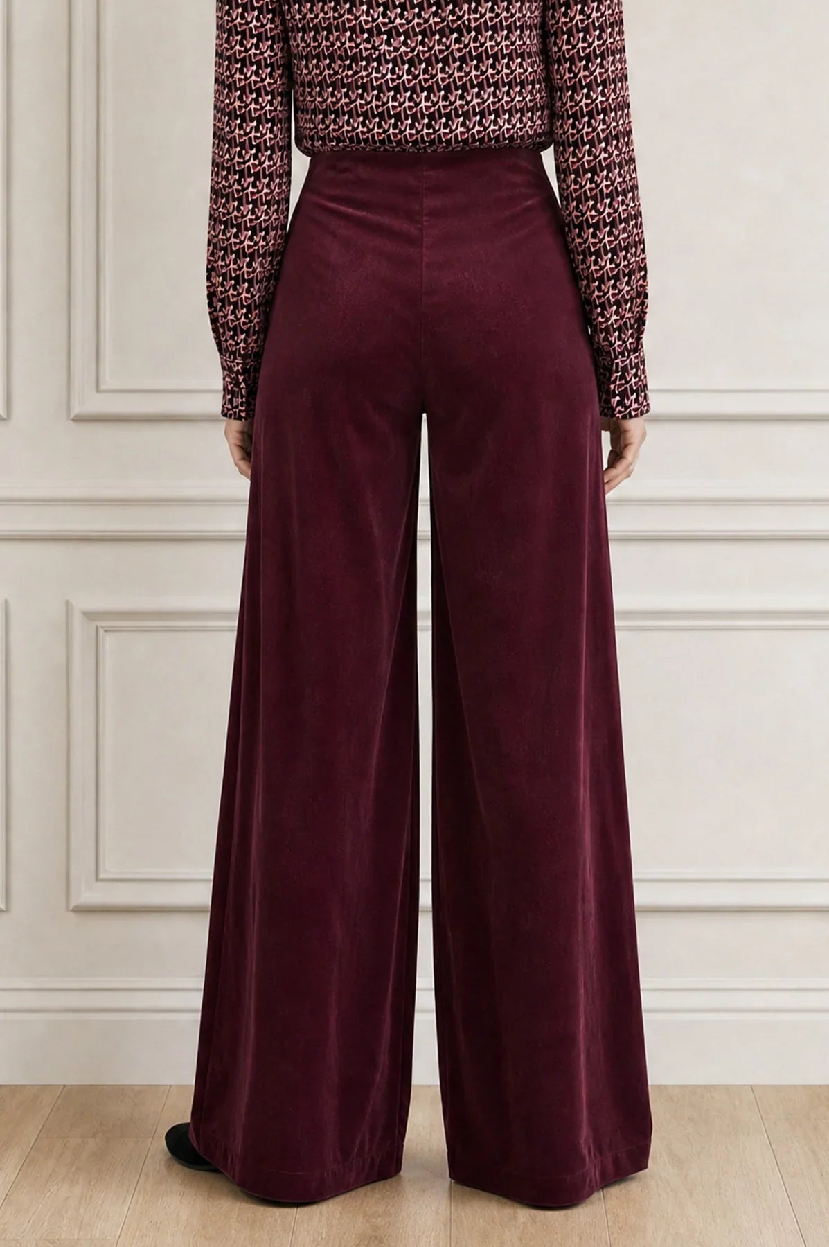 ASPIGA WIDE LEG STRETCH VELVET CORDUROY TROUSERS - Burgundy