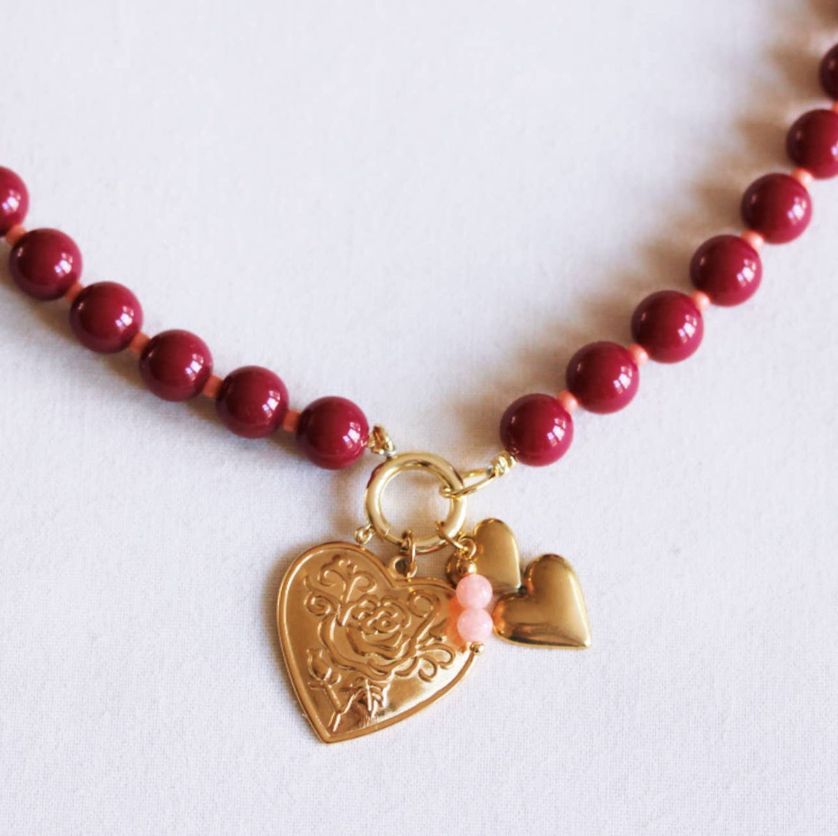 Miyuki Bead Necklace with Charms – Burgundy & Salmon