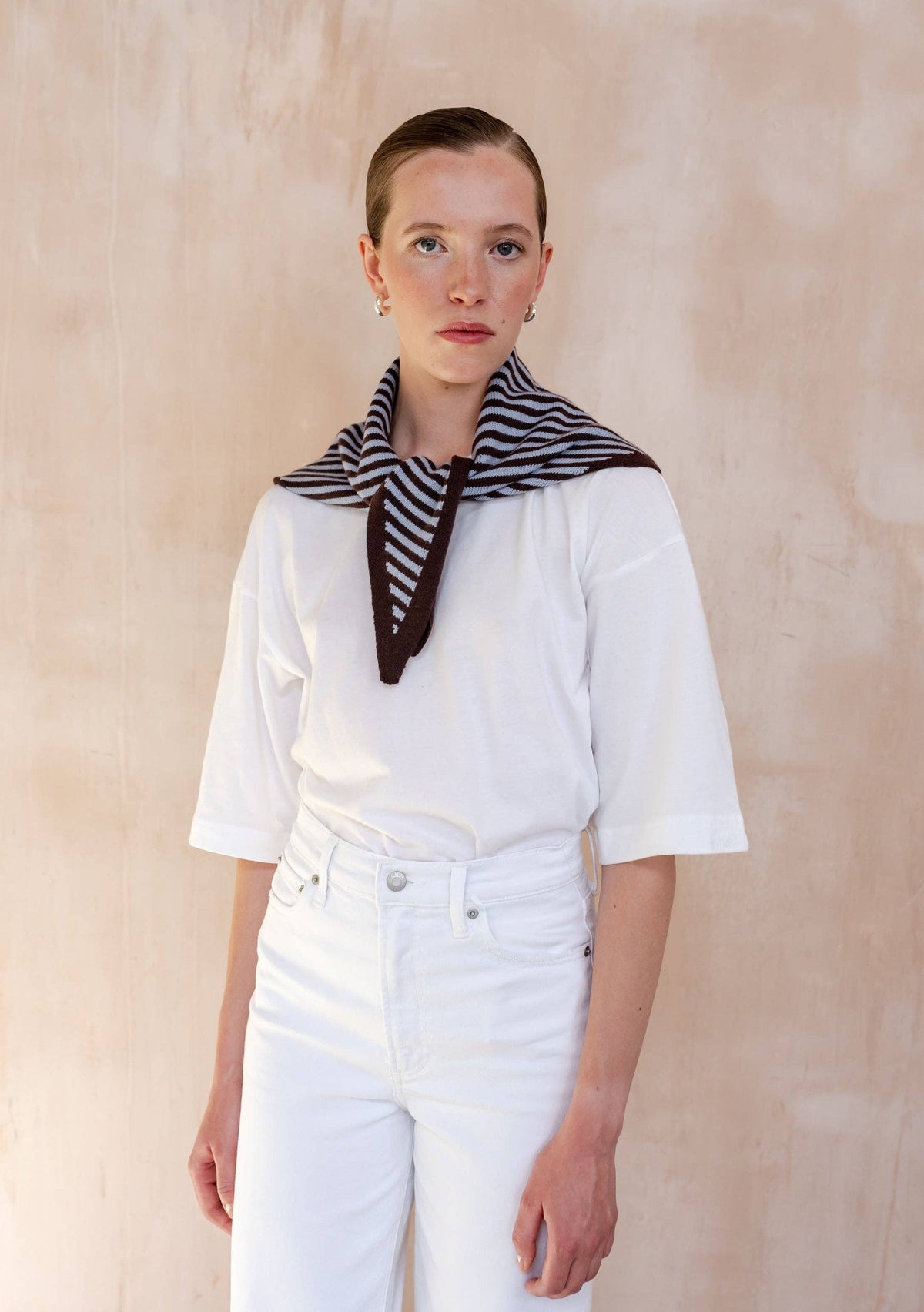Merino Wool Triangle Scarf in Blue & Brown Stripe
