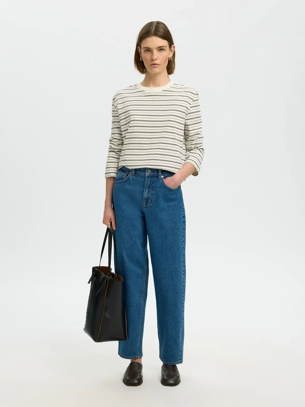 STRIPED BOXY LONG SLEEVE TEE - Brown / Green Stripe