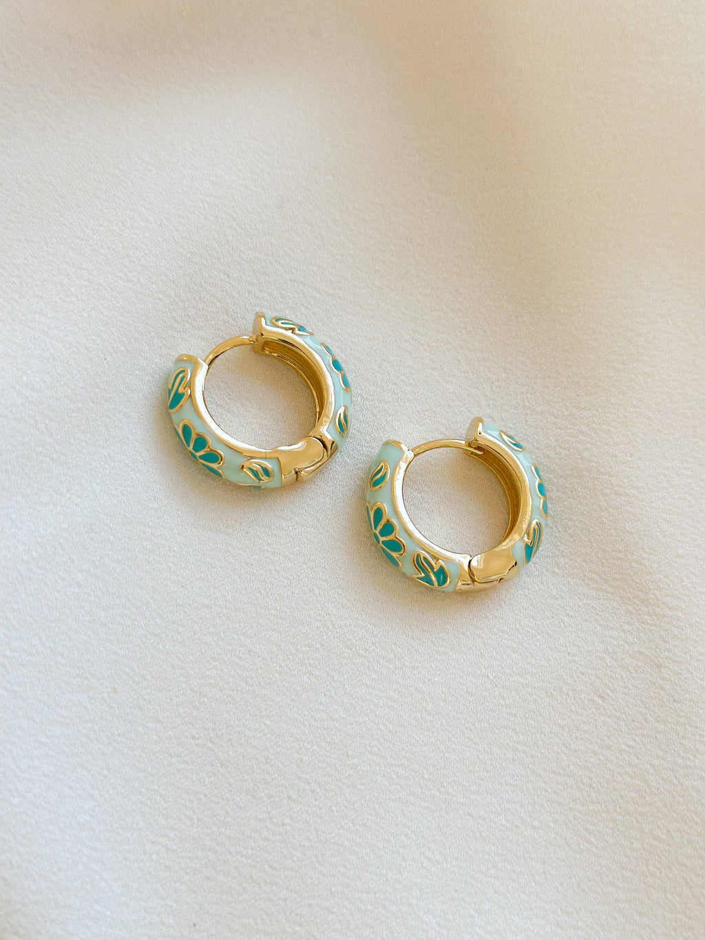 18k Gold Plated Mint Floral Enamel Hoop Earrings