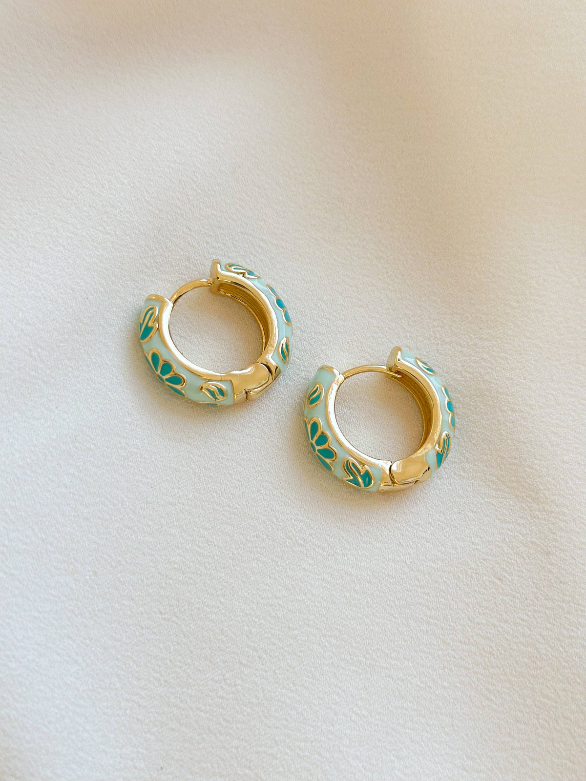 18k Gold Plated Mint Floral Enamel Hoop Earrings