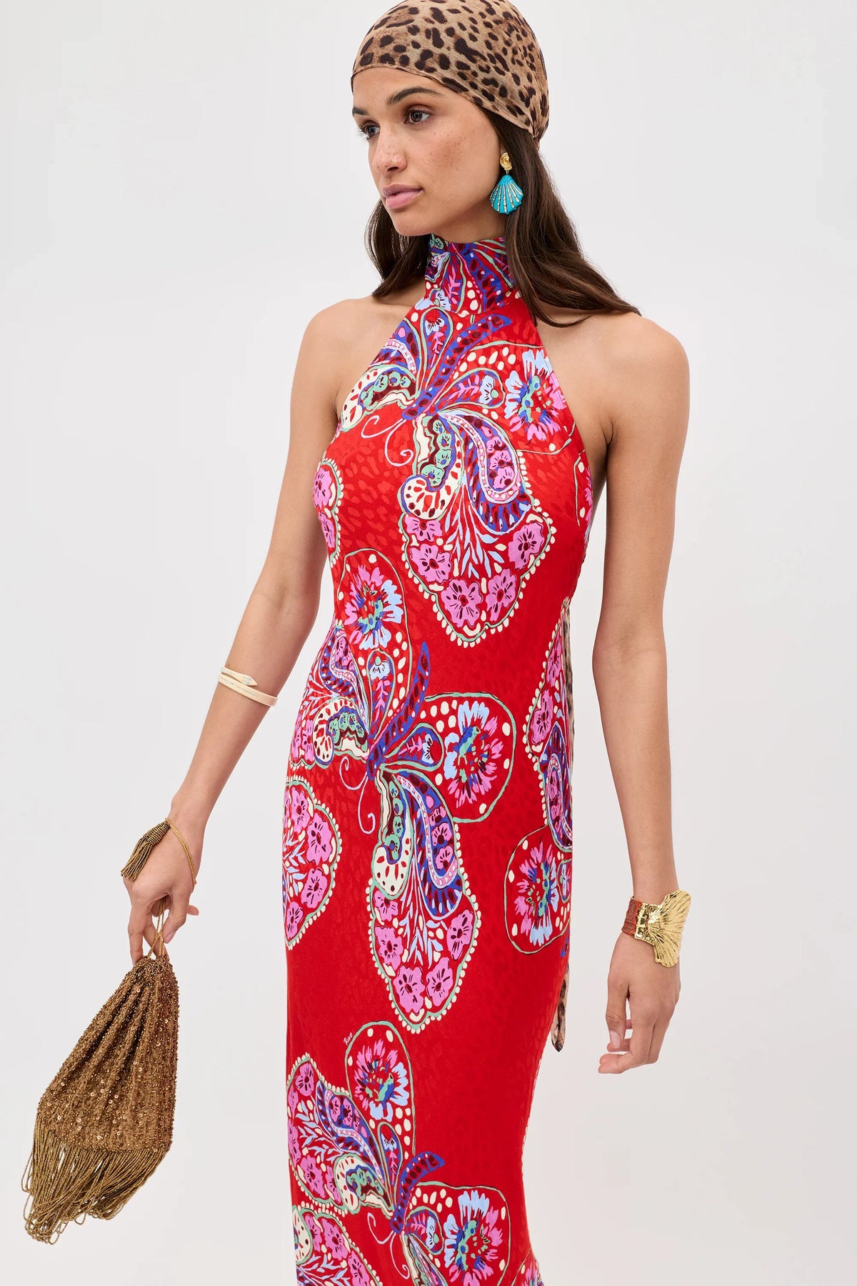 MAURA SATIN MIDI DRESS - Butterfly Bloom Jacquard Red